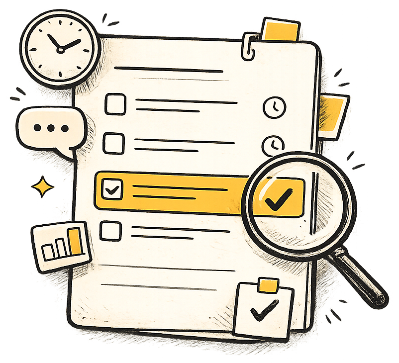 A checklist of tasks with clocks beside them, one row highlighted and ticked under a magnifying glass.