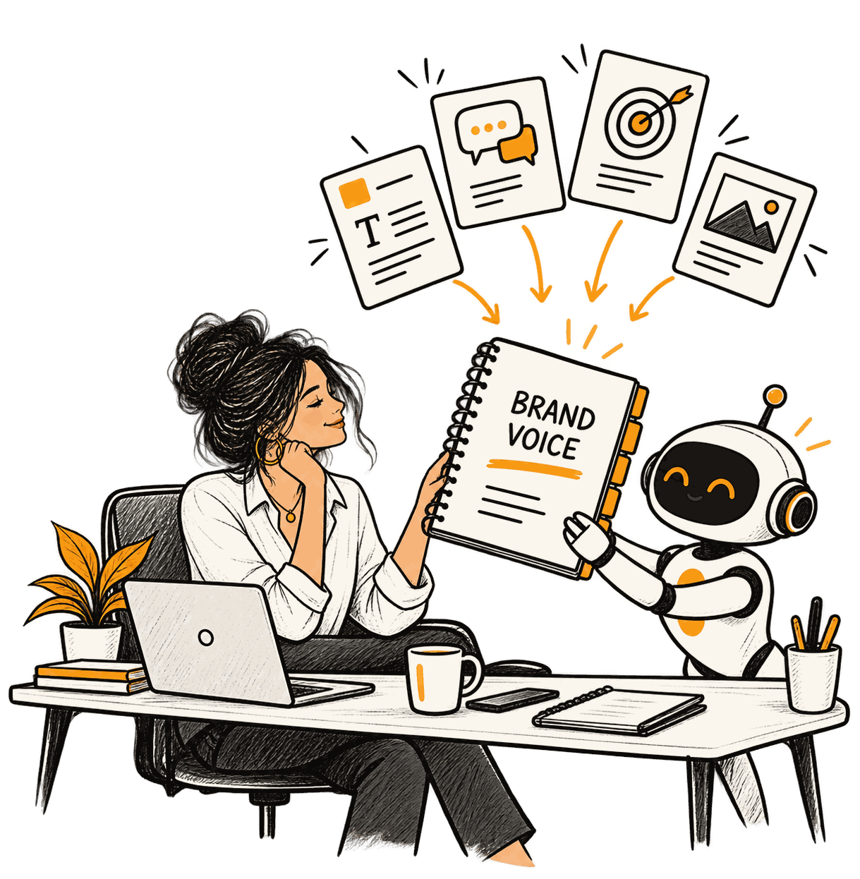 A woman at her desk hands a Brand Voice notebook to a happy robot, as her posts, messages and images funnel into it.