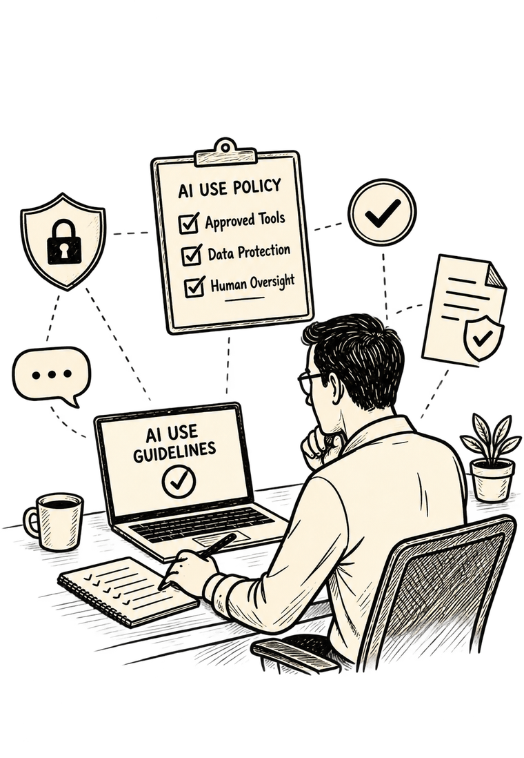 A business owner at a desk reading AI use guidelines on a laptop, with an AI use policy beside them listing approved tools, data protection and human oversight.