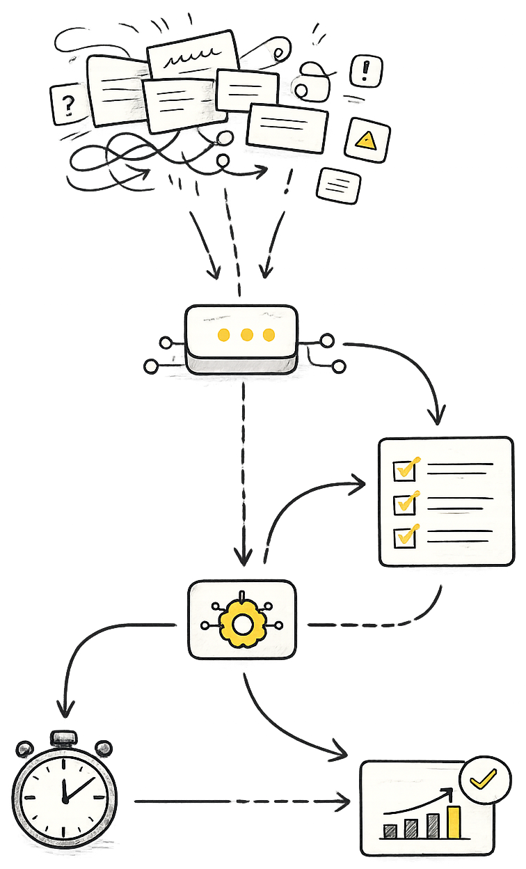 Scattered notes and messages funnelling into a workflow: a processing step, then a ticked checklist, a settings hub, a stopwatch, and a rising chart with a tick.