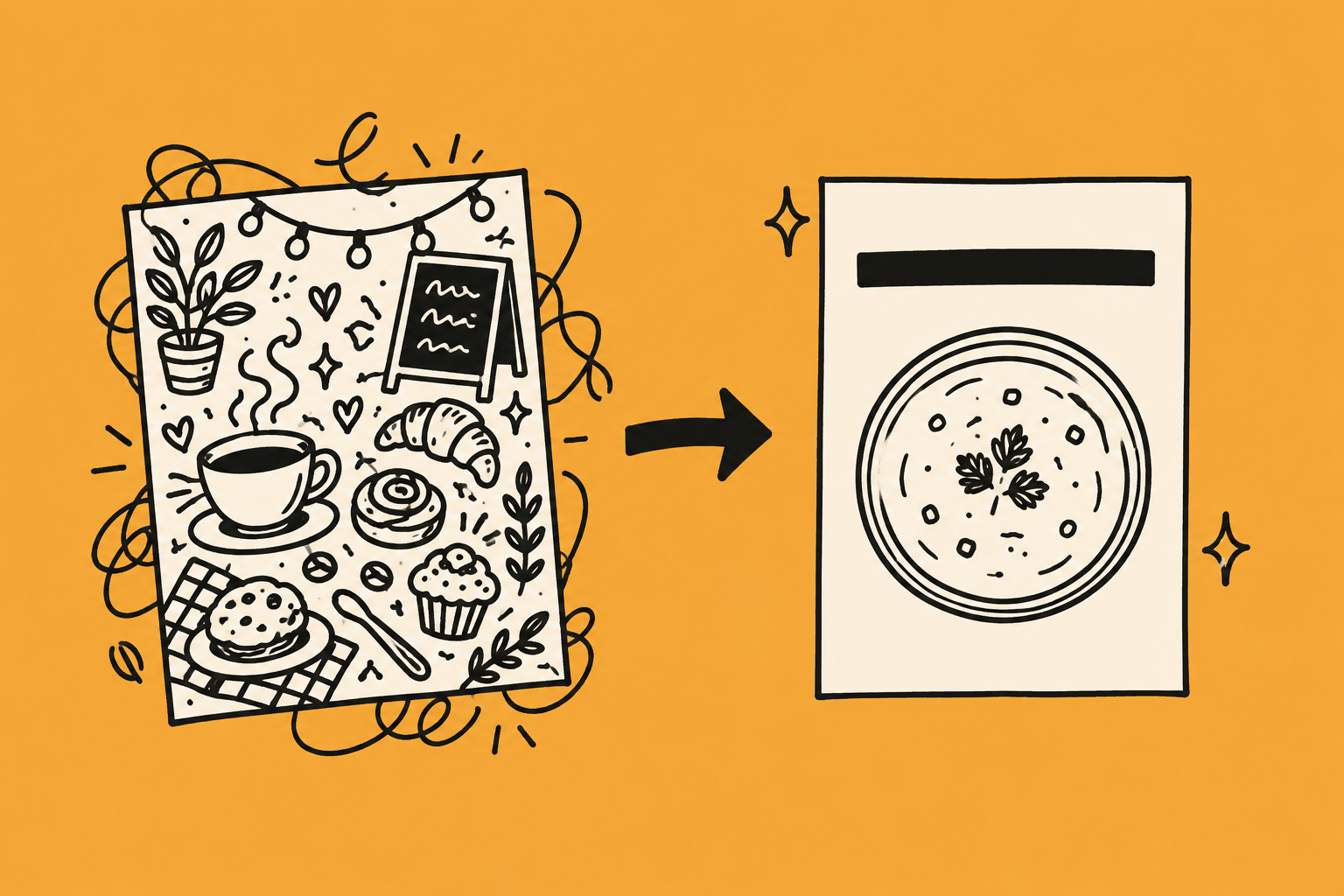 A cluttered café poster crowded with doodles of pastries, a chalkboard and fairy lights, with an arrow pointing to a clean poster of a single bowl of soup with space for a headline.