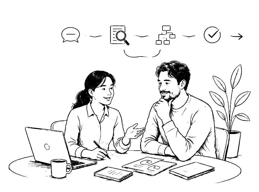 Illustration of two people at a desk, with a four-step process strip above them