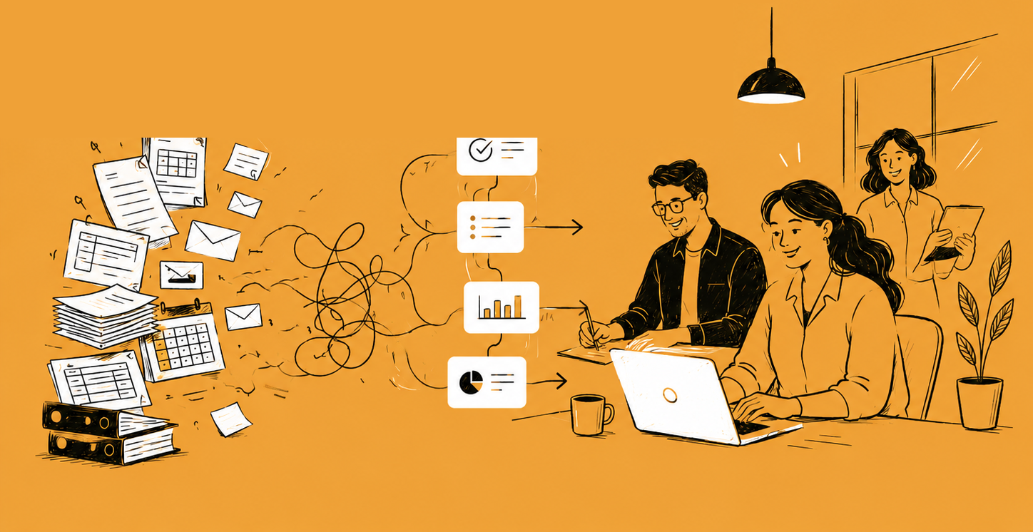 A pile of paperwork and emails on the left turns into a tidy set of digital checklists and charts, while a small team works calmly together.
