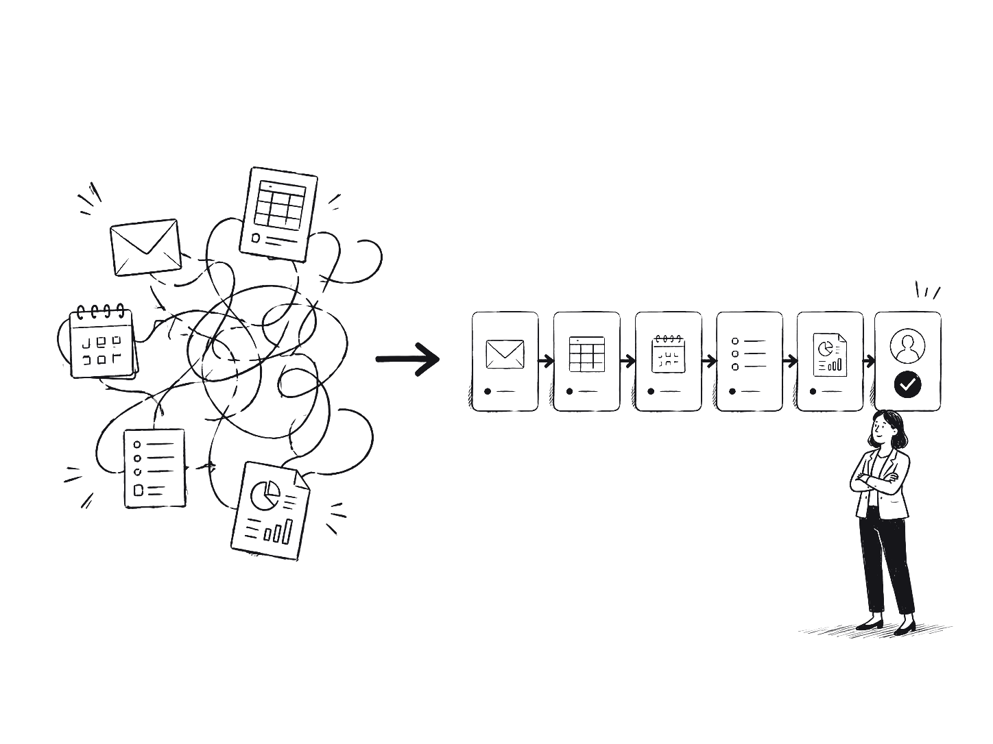 A tangled mess of icons on the left becomes a clean, ordered row of steps on the right, with a person reviewing the result