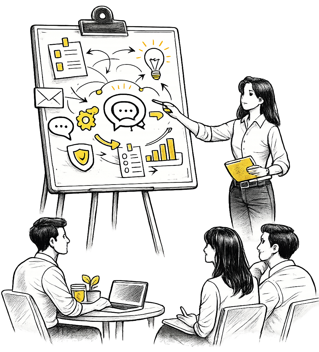 A trainer at a whiteboard covered in workflow doodles, pointing things out to three colleagues seated with a laptop and notebooks.