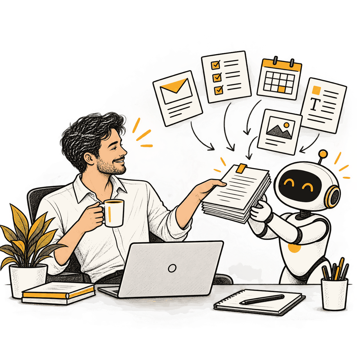 A man at his desk with a coffee hands a document to a friendly robot, which turns it into emails, checklists and calendar entries.